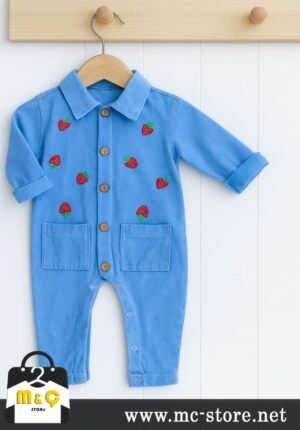 UZUN KOLLU KIZ ERKEK Çilek Desenli Kot Tulum