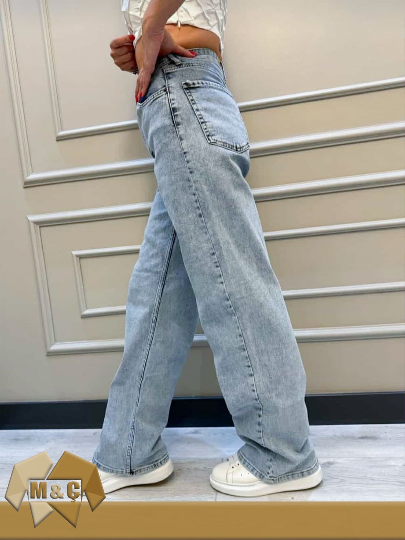 Kadın Soluk Efekt Vintage Yüksek Bel Wide Leg Jeans - Görsel 2