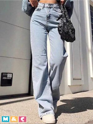 Kadın Soluk Efekt Vintage Yüksek Bel Wide Leg Jeans