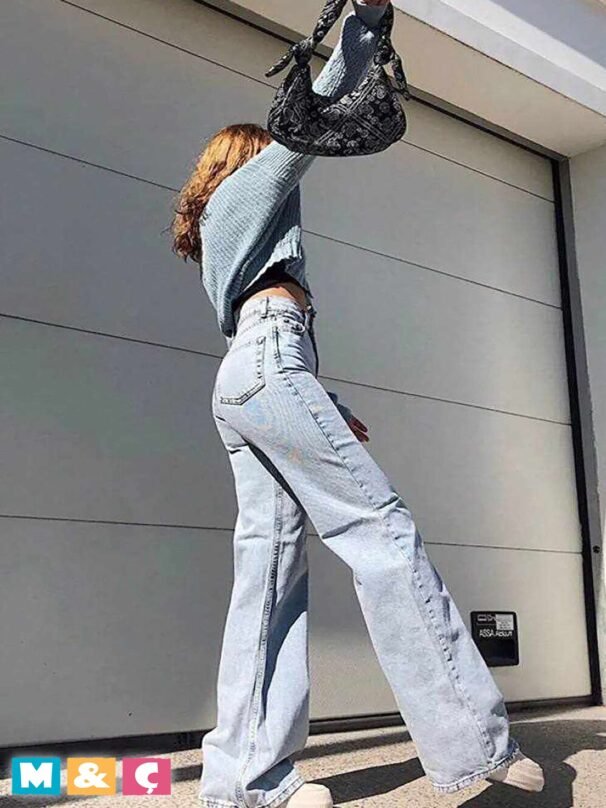 Kadın Soluk Efekt Vintage Yüksek Bel Wide Leg Jeans - Görsel 3