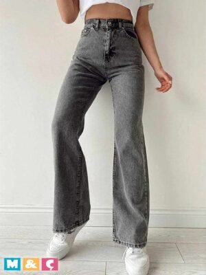 Kadın Soluk Efekt Vintage Yüksek Bel Wide Leg Jeans