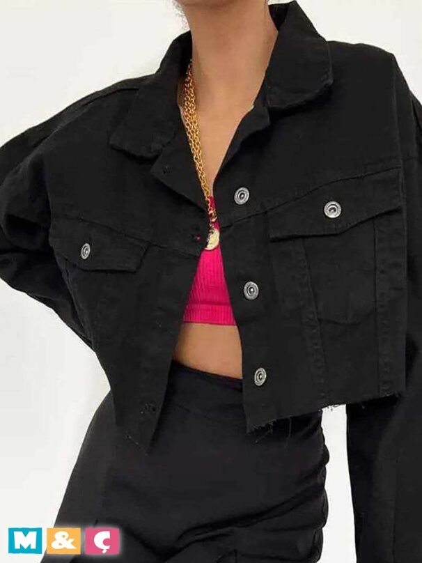 Crop Düğmeli Jean Ceket KADIN - Görsel 3