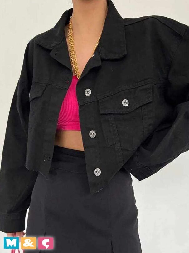 Crop Düğmeli Jean Ceket KADIN