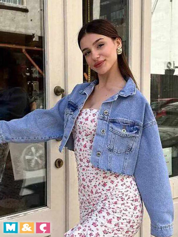 Crop Düğmeli Jean Ceket KADIN
