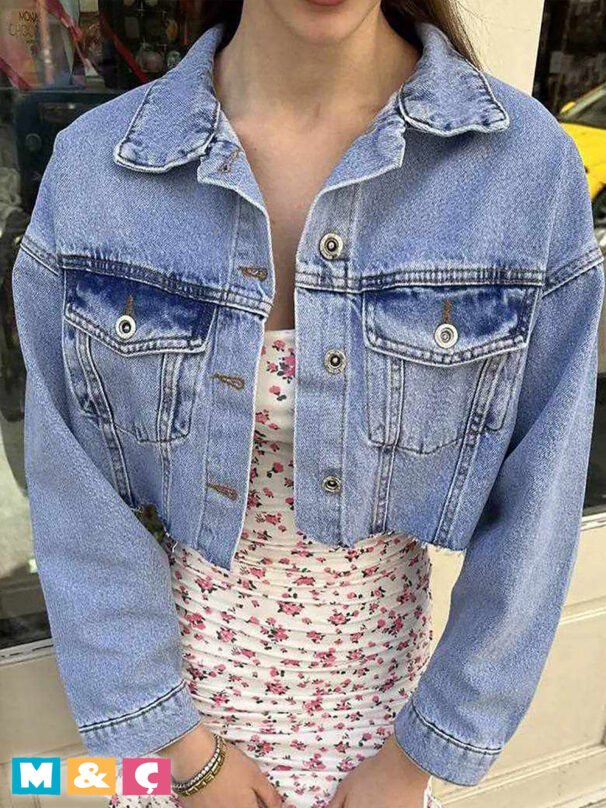 Crop Düğmeli Jean Ceket KADIN - Görsel 2