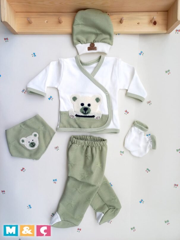 ORGANİK 5Lİ HASTANE ÇIKIŞ TAKIMI AYİCİK BEBEK LÜX SET - Görsel 3