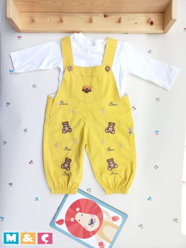 Erkek Bebek Ayı Nakışlı Keten Salopet 2' Li - Görsel 2
