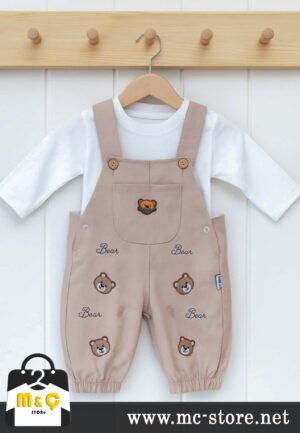 Erkek Bebek Ayı Nakışlı Keten Salopet 2' Li