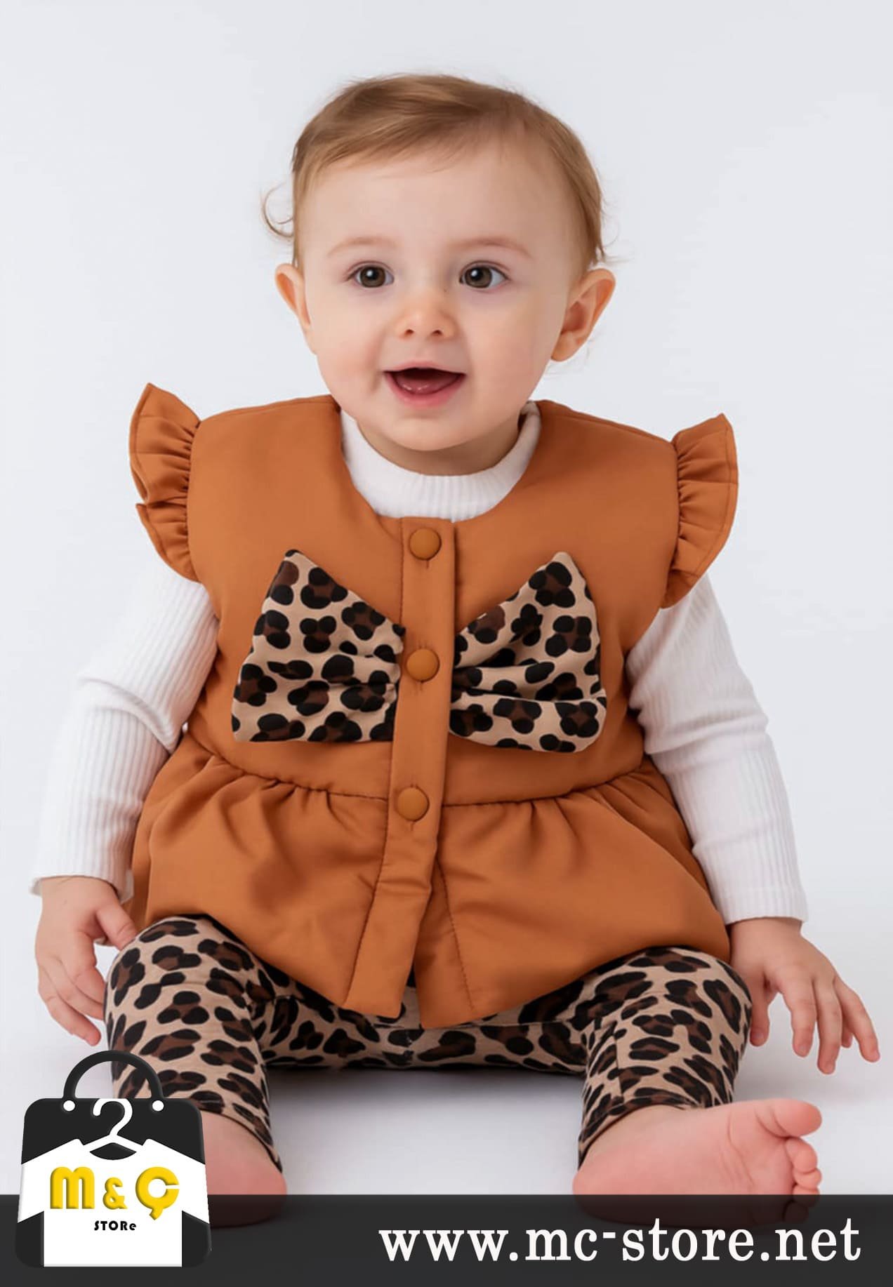 KIZ BEBEK ŞIŞME YELEKLİ 3LU TAKIM LEOPARLI VELUR TAYT BLUZ - Görsel 4