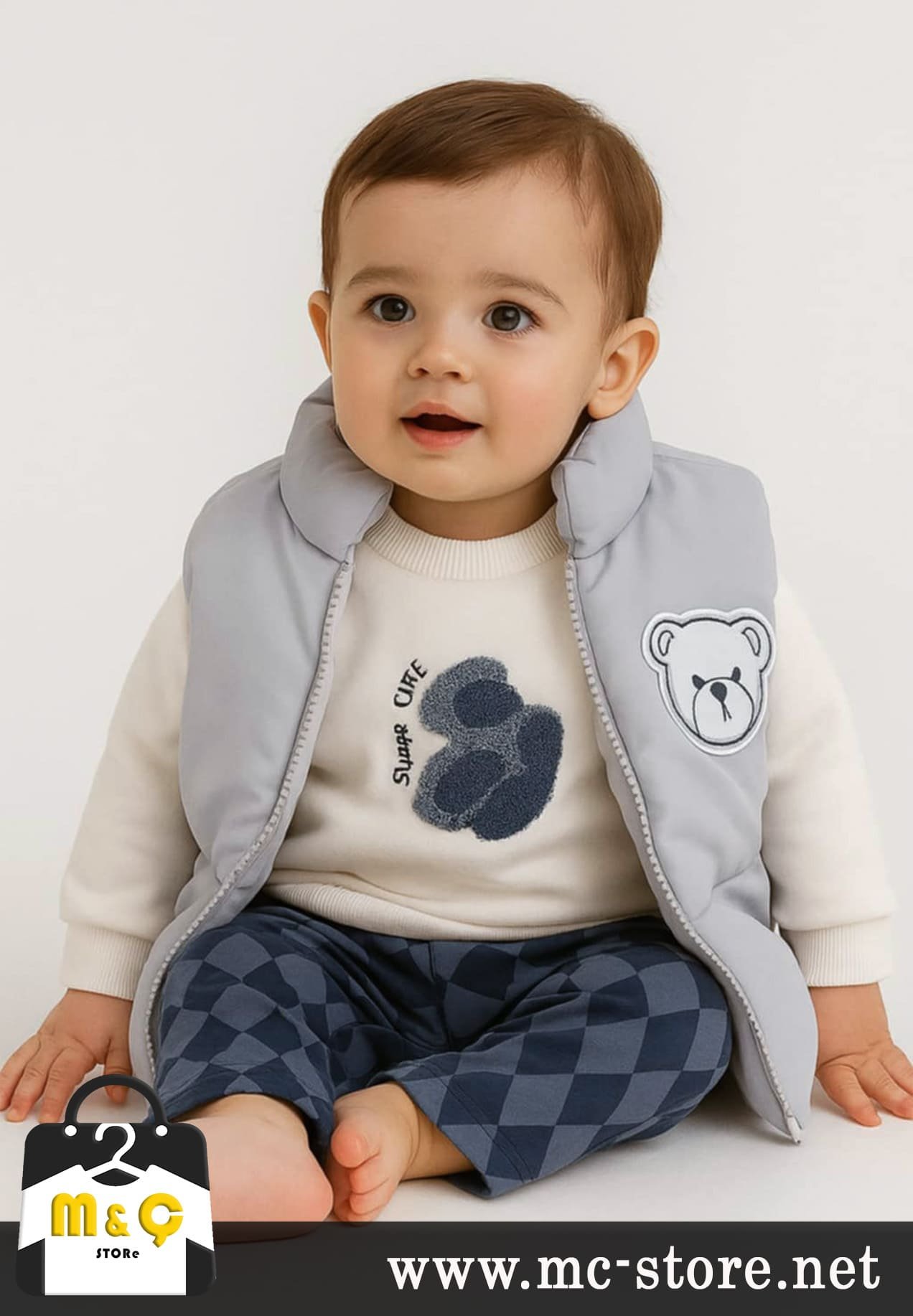 ERKEK BEBEK YELEKLİ KOMBİN 3LÜ KALIN ÜÇ İPLİK AYICIK TAKIM - Görsel 2