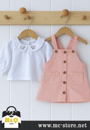 KALIN KOT ŞIK SALOPET ELBİSE VE ÇİÇEKLİ NAKIŞLI GÖMLEK KIZ BEBEK 2Lİ