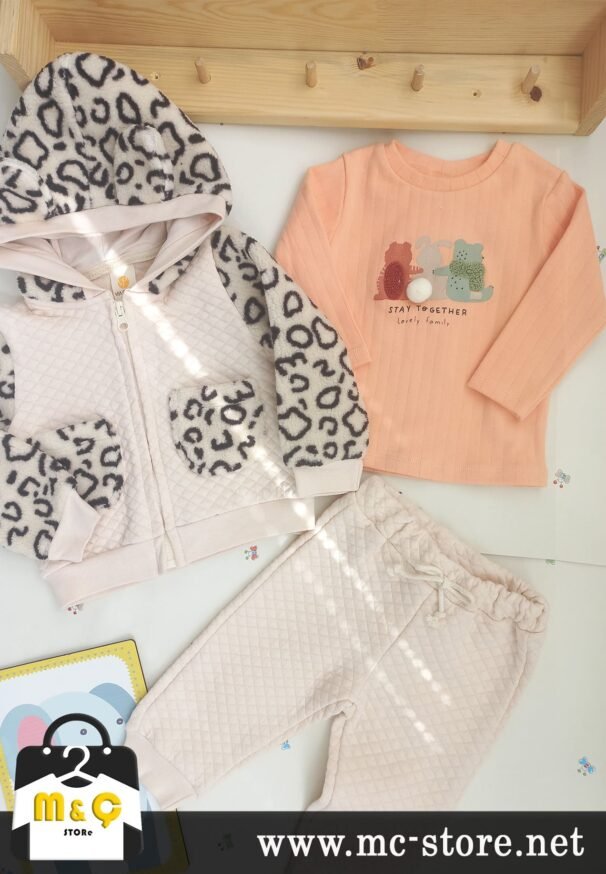 3 LU KIZ BEBEK CEKETLİ ALT ÜST LEOPARLI PELUŞLU KAPİTONE KIŞLIK TAKIM - Görsel 3
