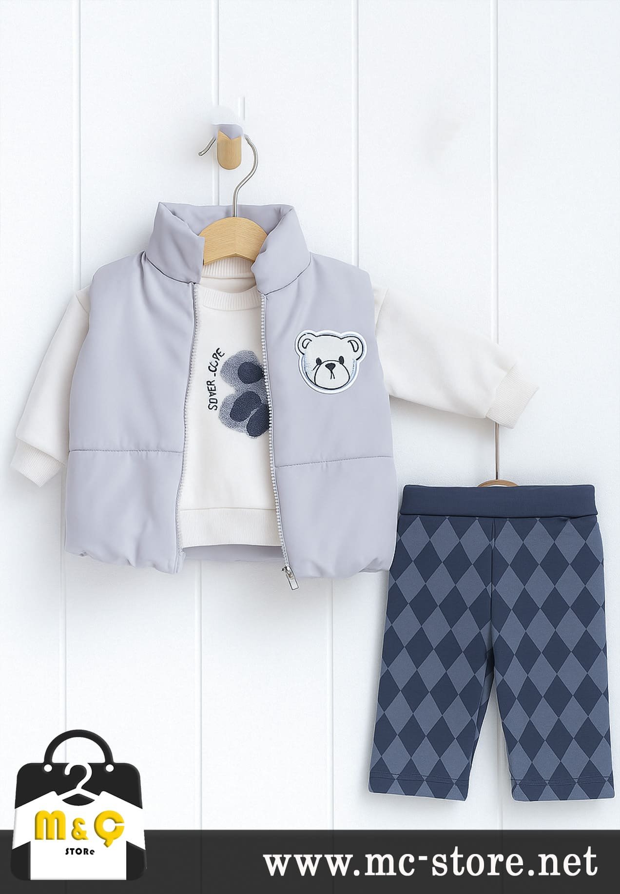 ERKEK BEBEK YELEKLİ KOMBİN 3LÜ KALIN ÜÇ İPLİK AYICIK TAKIM