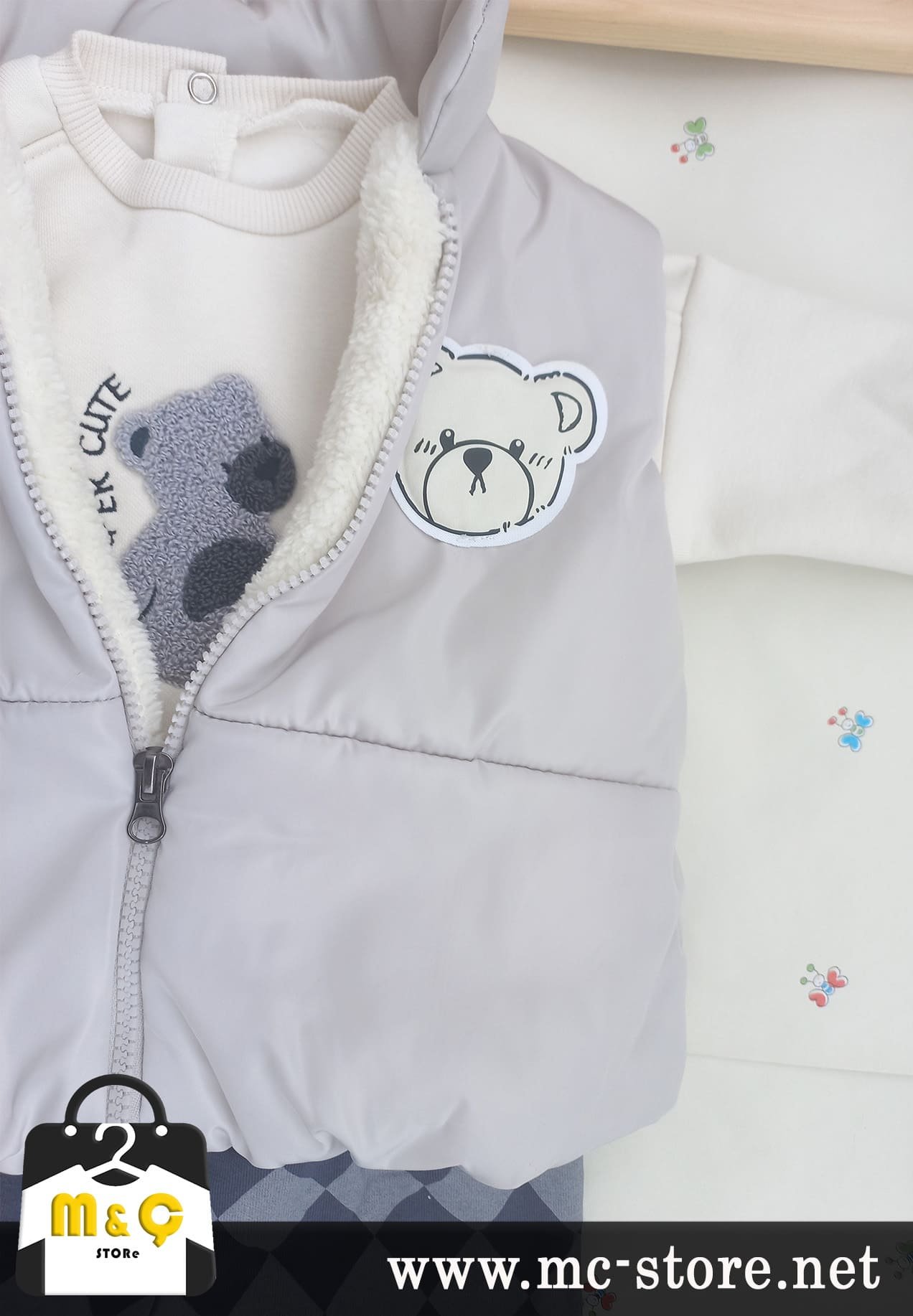 ERKEK BEBEK YELEKLİ KOMBİN 3LÜ KALIN ÜÇ İPLİK AYICIK TAKIM - Görsel 3