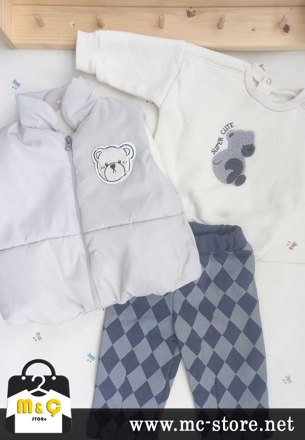 ERKEK BEBEK YELEKLİ KOMBİN 3LÜ KALIN ÜÇ İPLİK AYICIK TAKIM - Görsel 5