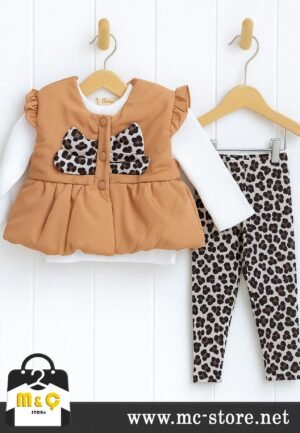 KIZ BEBEK ŞIŞME YELEKLİ 3LU TAKIM LEOPARLI VELUR TAYT BLUZ