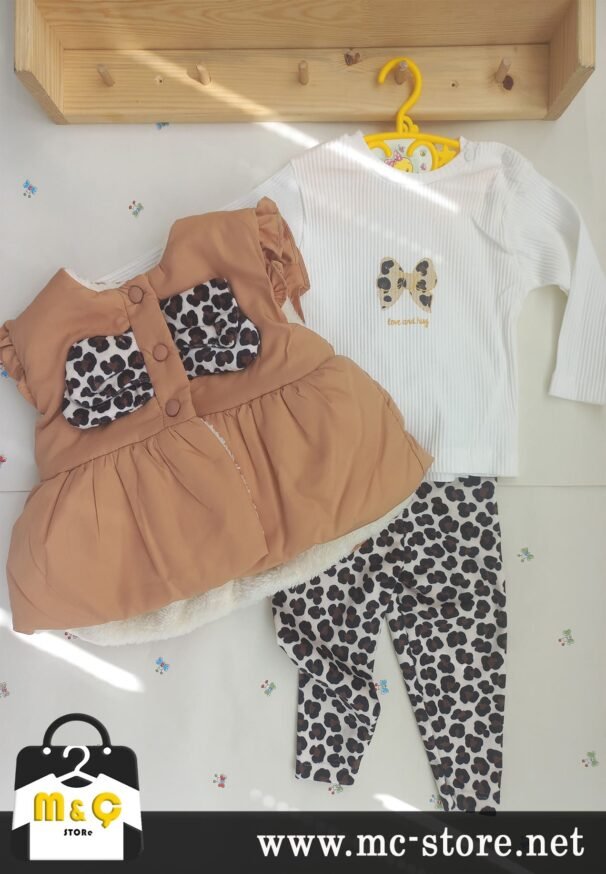 KIZ BEBEK ŞIŞME YELEKLİ 3LU TAKIM LEOPARLI VELUR TAYT BLUZ - Görsel 2