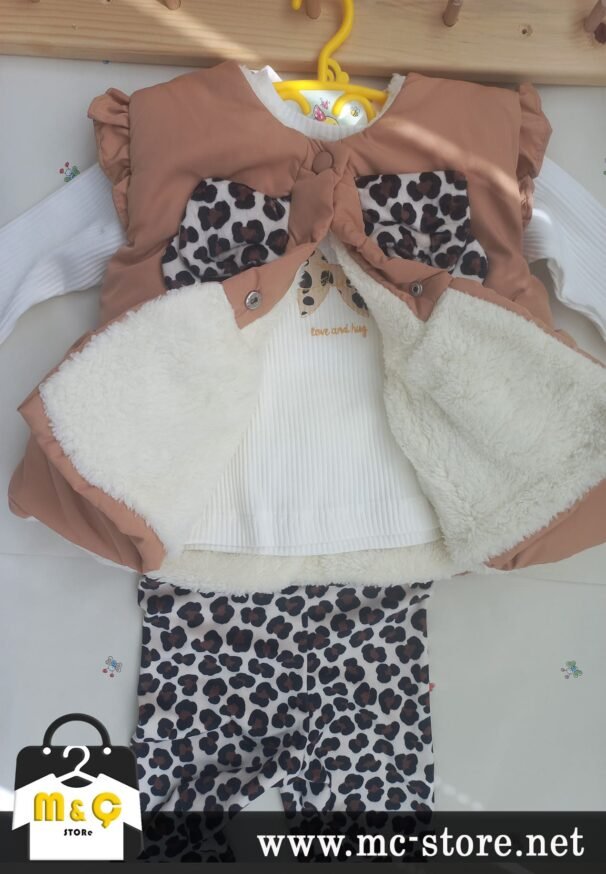 KIZ BEBEK ŞIŞME YELEKLİ 3LU TAKIM LEOPARLI VELUR TAYT BLUZ - Görsel 3