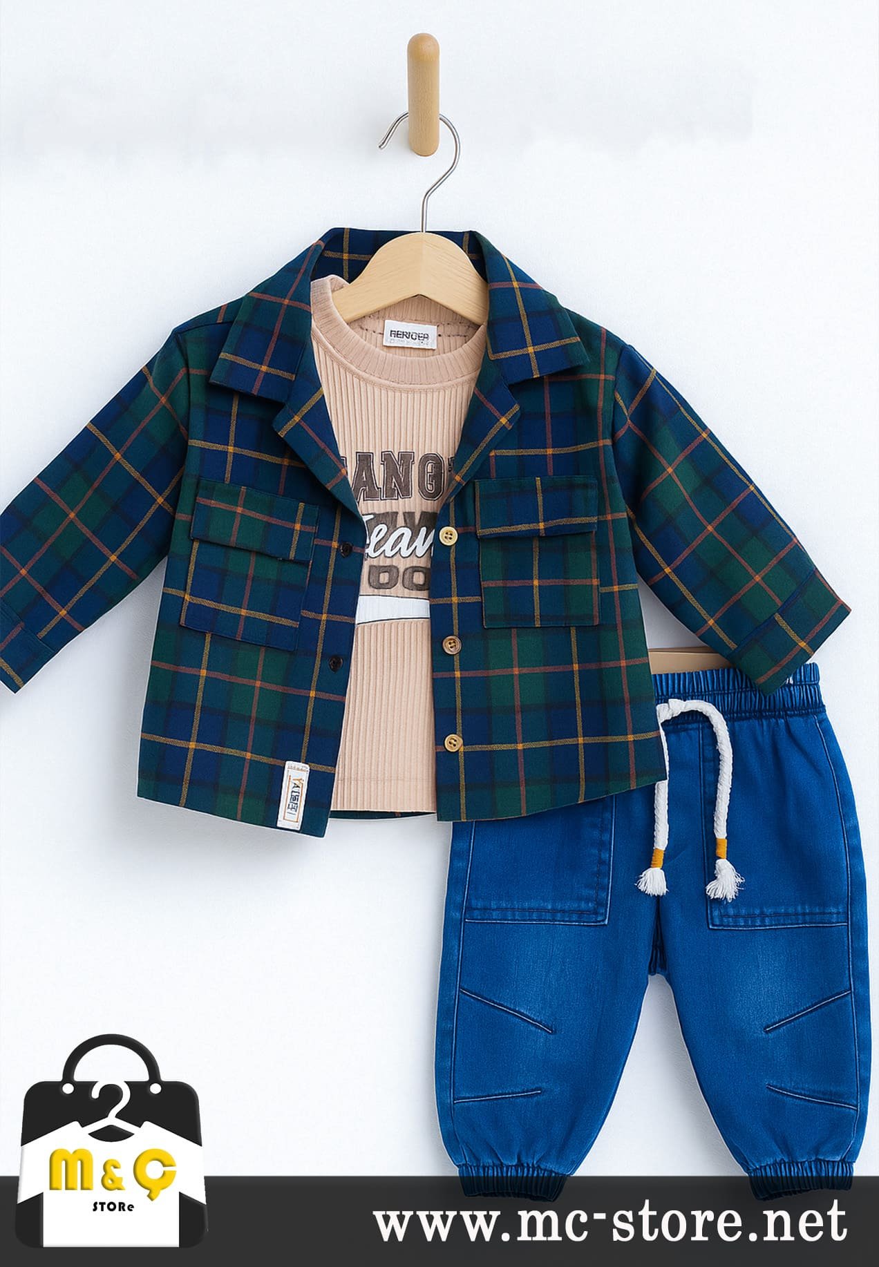 BEBEK 3LÜ EKOSE GÖMLEKLİ TAKIM ŞIK KOT PANTOLON KOMBİN