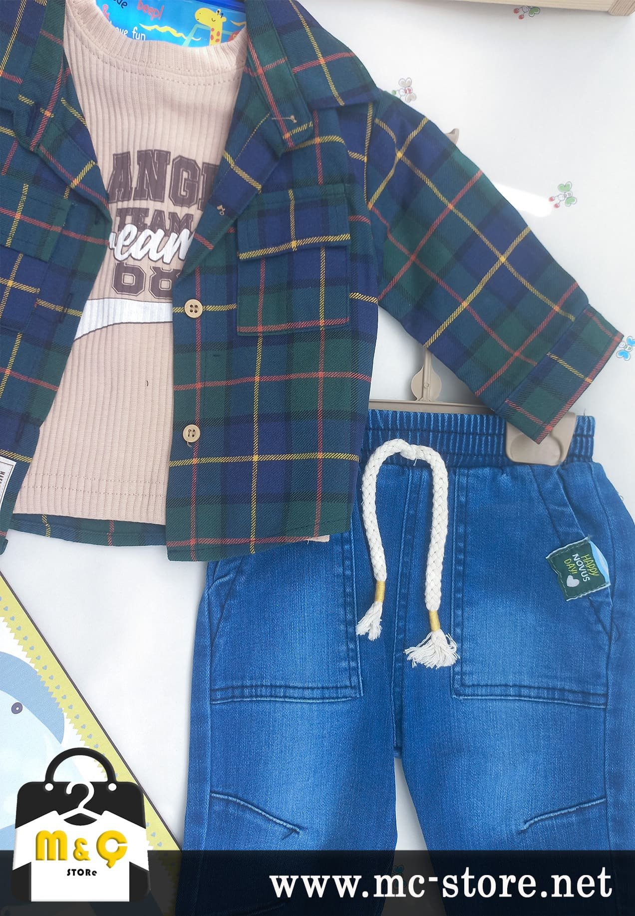 BEBEK 3LÜ EKOSE GÖMLEKLİ TAKIM ŞIK KOT PANTOLON KOMBİN - Görsel 2