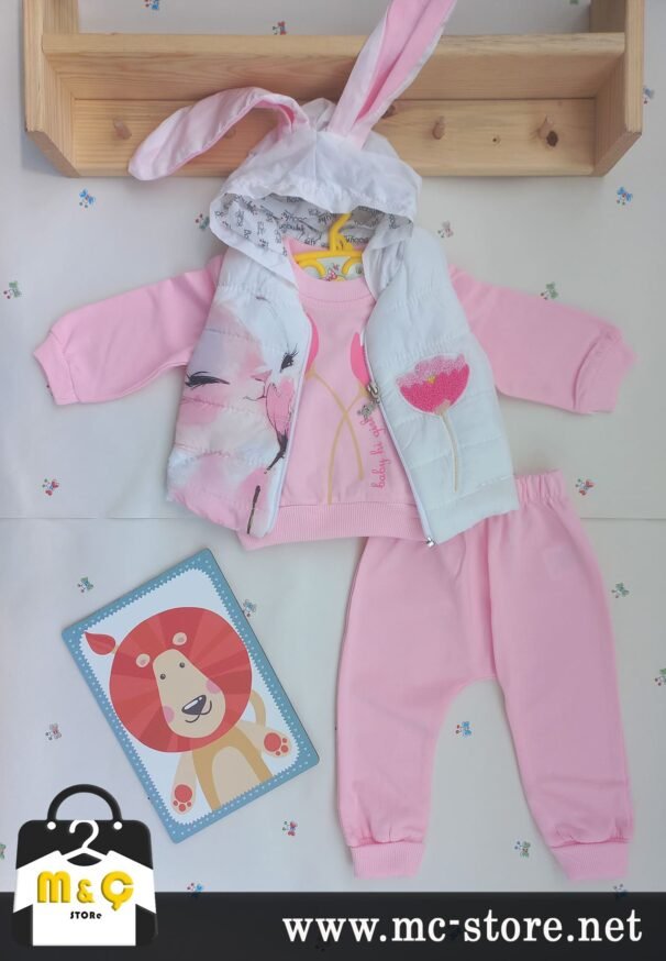 TAVŞAN KULAKLI KAPÜŞONDA ŞİŞMELİ YELEKLİ PAMUKLU ÇİÇEKLİ KIZ BEBEK TAKIM - Görsel 2