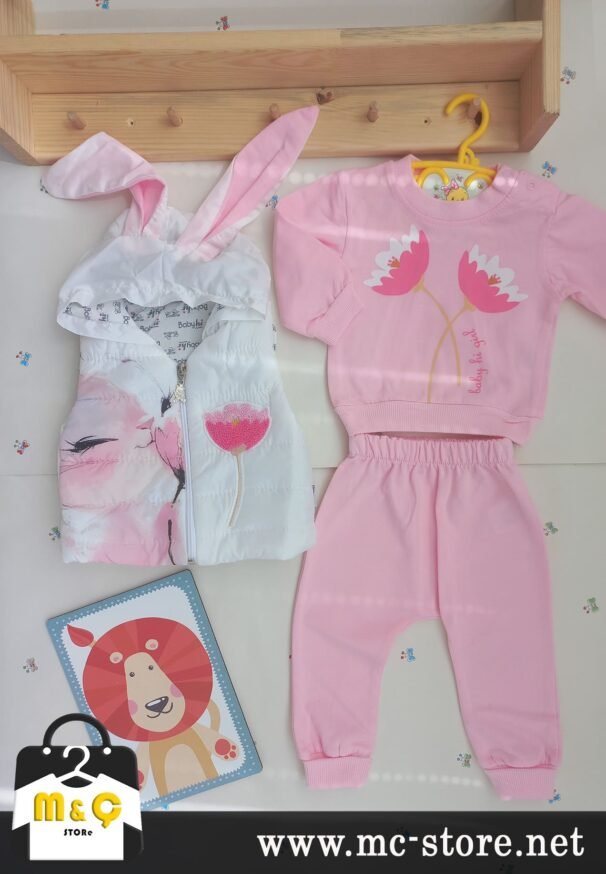 TAVŞAN KULAKLI KAPÜŞONDA ŞİŞMELİ YELEKLİ PAMUKLU ÇİÇEKLİ KIZ BEBEK TAKIM - Görsel 3