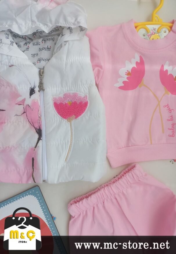 TAVŞAN KULAKLI KAPÜŞONDA ŞİŞMELİ YELEKLİ PAMUKLU ÇİÇEKLİ KIZ BEBEK TAKIM - Görsel 4