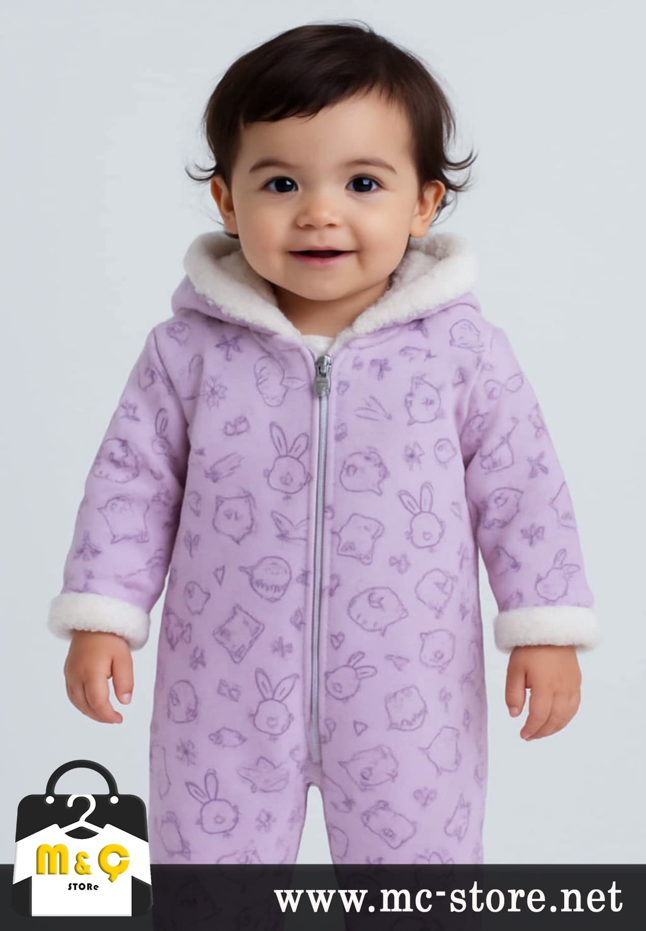 BEBEK KALIN KIŞLIK FERMUARLI KAPÜŞONLU PELUŞ MOR TULUM - Görsel 3