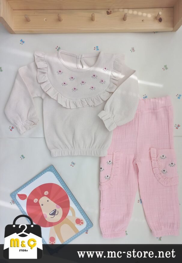 ALT ÜST TAKIMI MÜSLİN ÇİÇEKLİ FIRFIRLI ÖZEL TASARIM KIZ BEBEK 2Lİ - Görsel 2