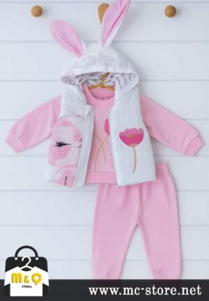 TAVŞAN KULAKLI KAPÜŞONDA ŞİŞMELİ YELEKLİ PAMUKLU ÇİÇEKLİ KIZ BEBEK TAKIM