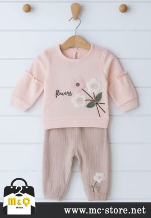 ALT ÜST TAKIMI MÜSLİN ÇİÇEKLİ FIRFIRLI ÖZEL TASARIM KIZ BEBEK 2Lİ