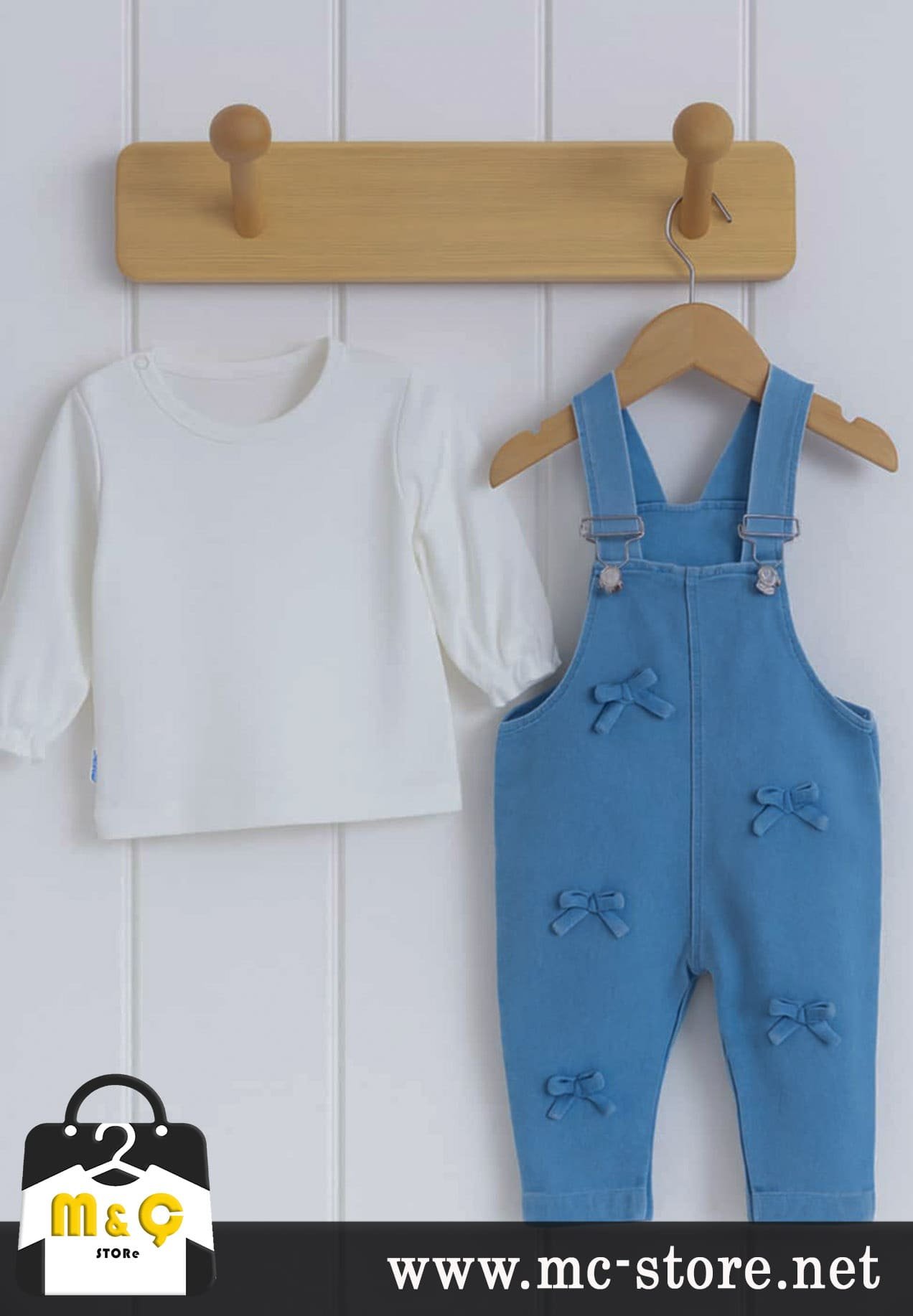 SEVİMLİ JEAN FİYONK DETAYLI KIZ BEBEK BLUZLU TULUM 2Lİ TAKIM